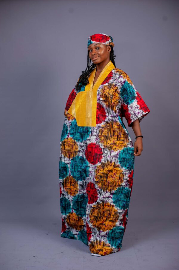 Female Bubu With Yellow Neck Design - Multicolour Adire