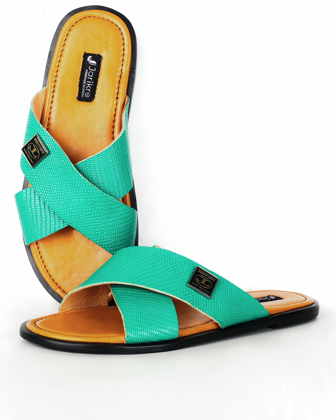 Male Crossed Top Split Leather Palm Slippers - Green