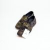 Jarikre black and gold horsebit loafers for men on white background