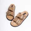 Jarikre tan double buckle slide sandals for men on white background
