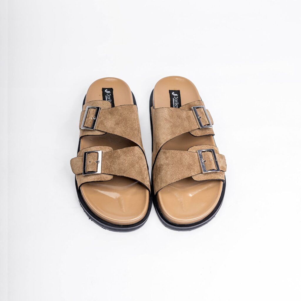 Jarikre tan double buckle slide sandals for men on white background