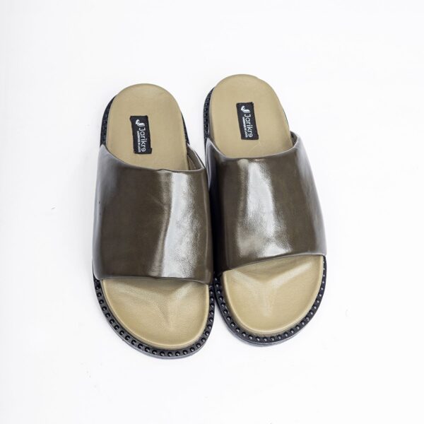 Jarikre olive leather slides for men on white background